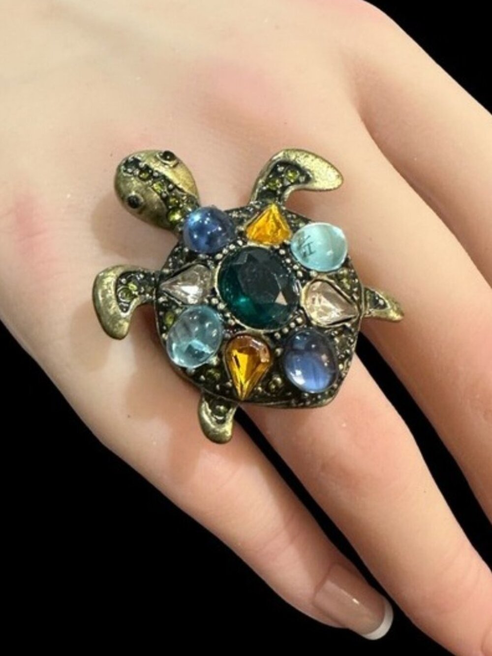 Turtle Shaped Gold Tone Ring With Multicolor Size 7.5